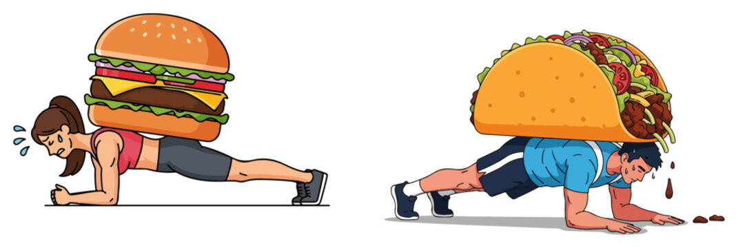 Man and woman doing plank exercise under giant food in comic style