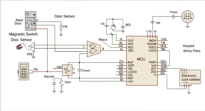 A circuit diagram of an electronic door lock with a magnetic switch and keypad