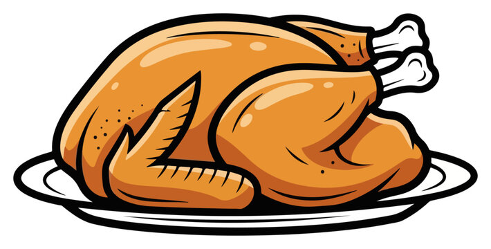 Roasted turkey on plate for traditional holiday dinner in bold illustrative style