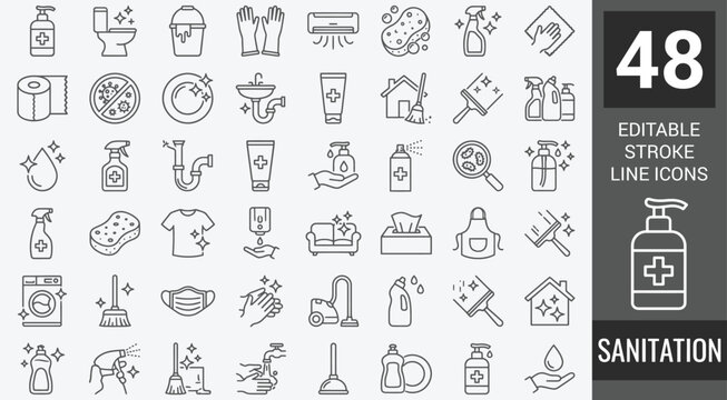 Sanitation line icons in editable stroke style. Hygiene, cleaning, disinfecting, hand wash, waste management, water treatment, public health collection. Vector