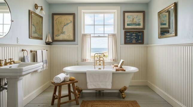 A serene bathroom scene with a large white bathtub, wooden stool, and sink, adorned with framed pictures, situated near a window overlooking the ocean.
