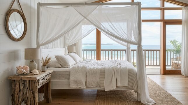 Serene beachside bedroom with white canopy bed and wooden furniture
