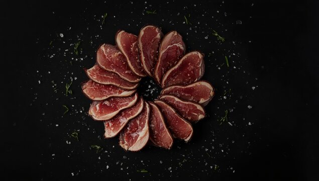 Sliced smoked duck breast on a dark backdrop, aerial perspective.