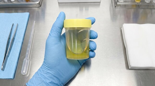 Medical professional holding a urine specimen container for laboratory testing
