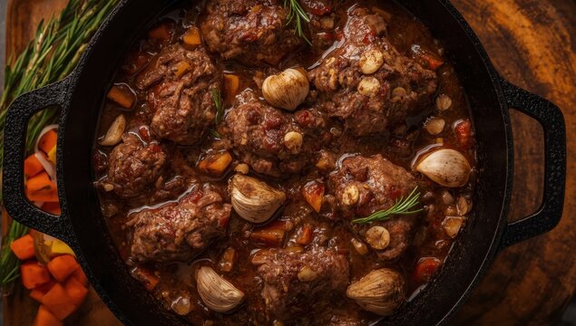 Slow-cooked beef oxtail stew with garlic and rosemary in a cast iron pan.