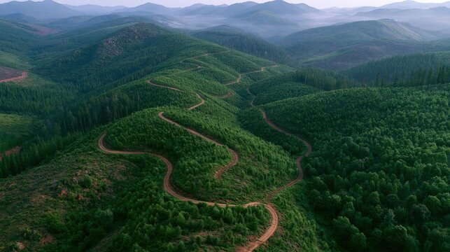 Aerial view of winding dirt roads cutting through dense, green forested hills with mountains in the background under a hazy sky.