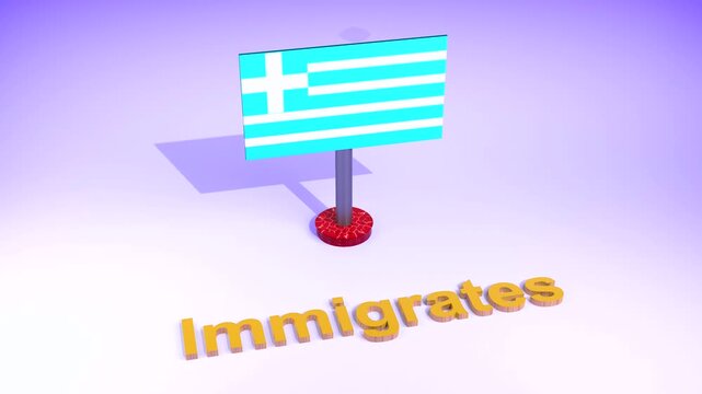Greece flag 3D icon with Immigrants text, Greek national symbol for migration and border policy, blue and white flag on purple background