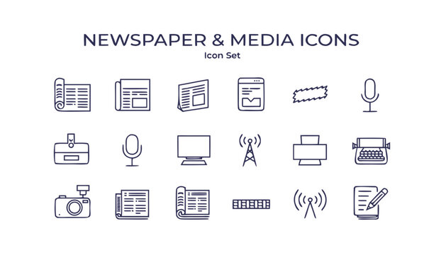 Newspaper Media Icons Set 16 Flat Vector &mdash; Rolled Folded Newspaper Broadsheet Tabloid, Breaking News Alert App Badge Microphone TV Radio Typewriter Press Camera Stack, Navy White &mdash; Journalism,