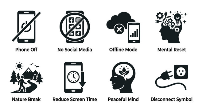 Digital detox and mindfulness icon vector collection featuring phone off, no social media, offline mode, mental reset, nature break, peaceful mind, and disconnect symbol concepts.