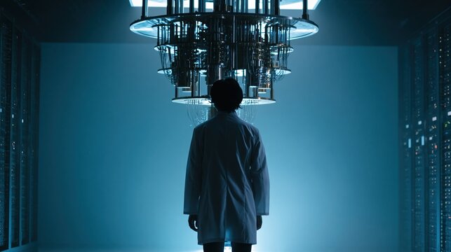 A scientist in a lab coat observes a large, complex quantum computer surrounded by servers in a futuristic, high-tech data center.