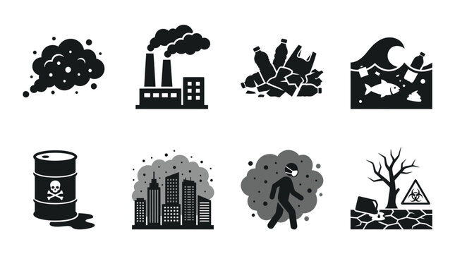 Environmental pollution and ecological hazard icon vector collection featuring air pollution, industrial smoke, plastic waste, water contamination, toxic barrel, smog, and radioactive damage symbols.