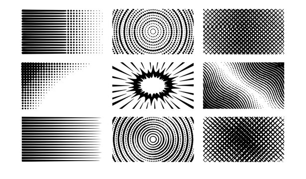 Comic book pop art halftone screentone pattern design elements set vector