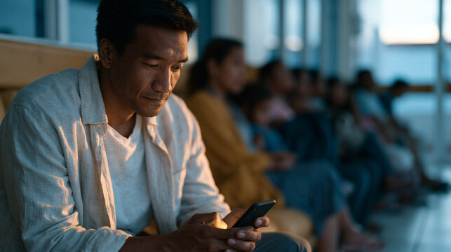 Exhausted Filipino father checks a child progress report mobile app at a hospital waiting room, his daughter's reading fluency graph and teacher recommendation glowing on the