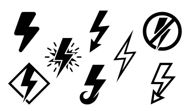 Black lightning bolt icon collection with thunderbolt symbols in different styles for logo and interface design.