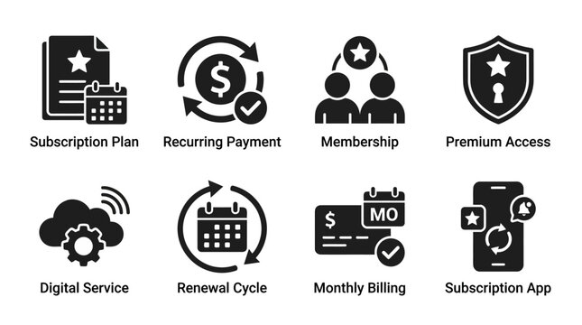Subscription and membership service icon vector collection featuring recurring payment, premium access, renewal cycle, monthly billing, digital service, and subscription app concepts for business desi