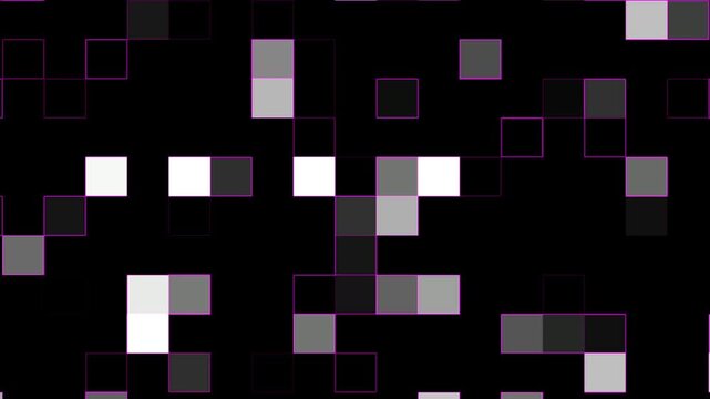 Dark digital grid with glowing white and violet pixel blocks illustrating abstract technology concept and data flow