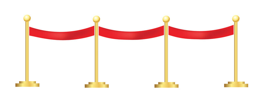 Golden stanchions with red velvet rope barriers isolated on transparent background png 