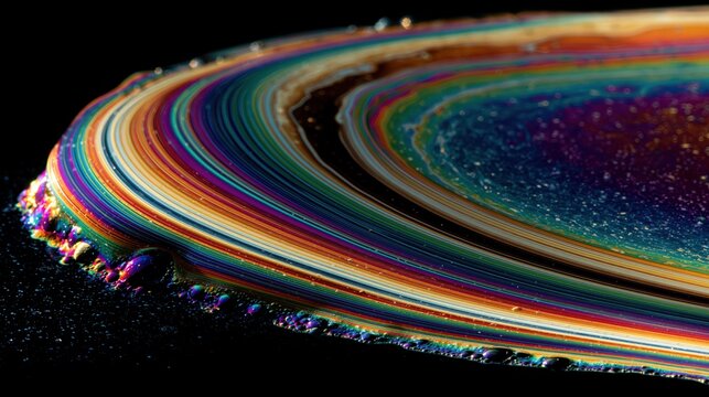 A vibrant, close-up image of colorful, swirling liquid patterns resembling an oil slick or soap film on a dark surface.