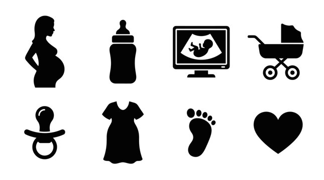 Pregnancy and baby care icon vector collection featuring pregnant woman, baby bottle, ultrasound monitor, stroller, pacifier, maternity dress, baby footprint, and heart symbols.