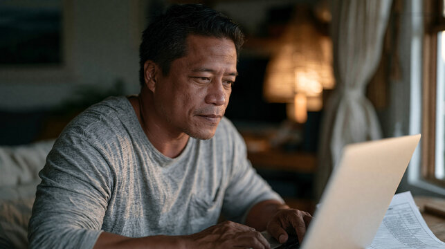 Filipino remote performance manager logging detailed quarterly review notes into an HR platform while reviewing asynchronous employee submissions, a printed rubric beside the