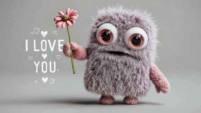 cute little fluffy monster with flower and I love you message animation
