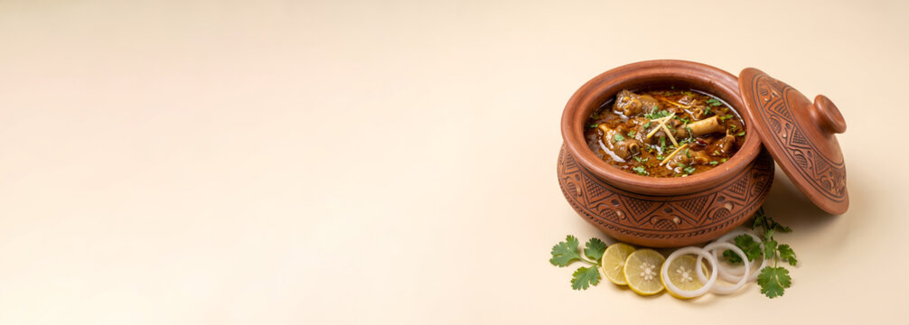 Traditional Mutton Paya trotters curry served in a clay handi with lemon and onions, panoramic banner