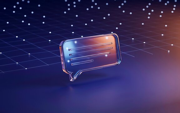 A 3D glass-like speech bubble with glowing lines on a dark blue background with grid and dots