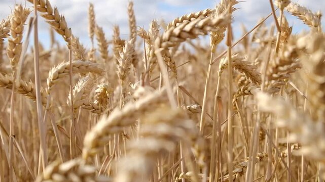 Golden wheat field with ripe grain heads - Triticum aestivum - swaying in summer sunlight. Agricultural landscape for farming, harvest, and food security concepts.