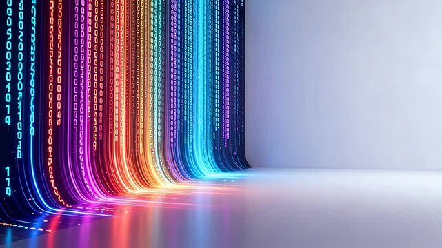 Colorful binary code flowing in a digital space