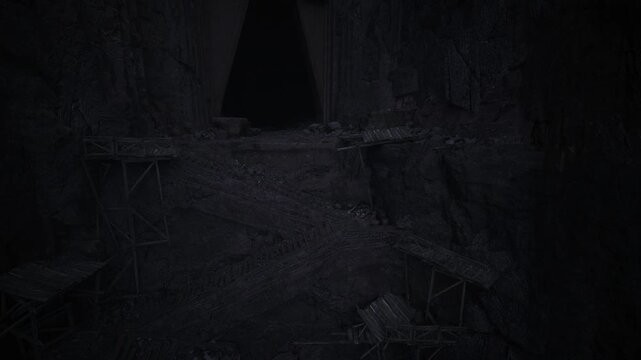 Hidden underground opening with reflective wet surfaces and shadows. Enigmatic cavern opening featuring wooden bridge and ambient echoing sounds