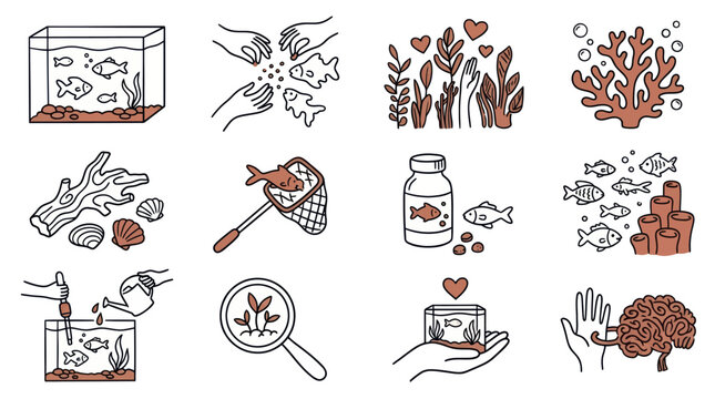 Aquarium care and maintenance doodle icon set for fish tank enthusiasts.