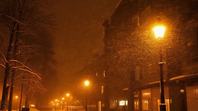 Nighttime Snowfall Illuminated by Streetlights in Urban Setting.