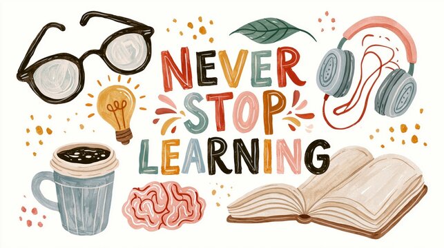 Colorful illustration with "Never Stop Learning" text surrounded by glasses, lightbulb, headphones, coffee, brain, leaf, and open book.