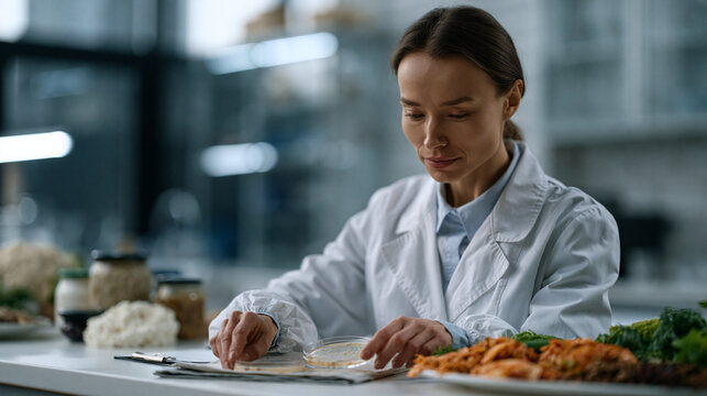 Kazakh microbiologist examining petri dish samples beside a spread of fermented kefir, kimchi, and fiber-rich vegetables on a lab-adjacent prep table, illustrating gut microbiome