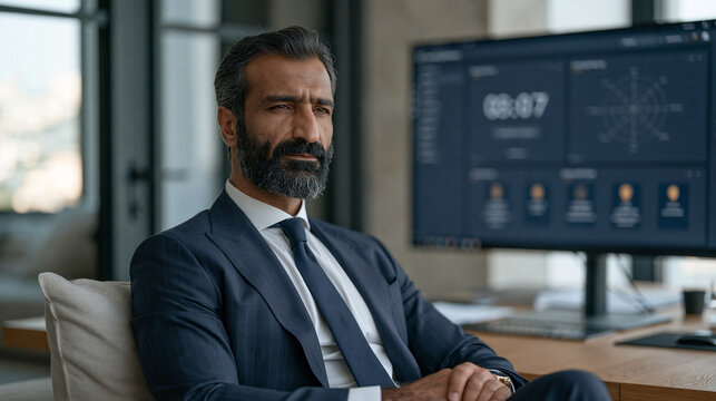 Iranian executive in tailored suit sits across from a coaching platform interface on a large monitor in a minimalist office, session timer counting down beside competency radar