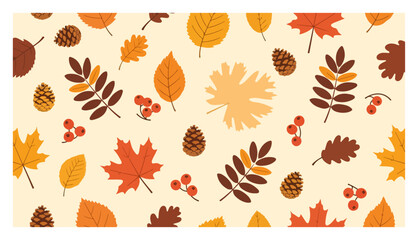 Seamless pattern with autumn leaves berries and pinecones in flat vector style © Anna