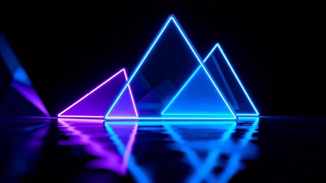 Neon glowing triangles on reflective surface