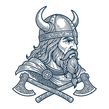 Viking warrior with horned helmet and crossed axes illustration.