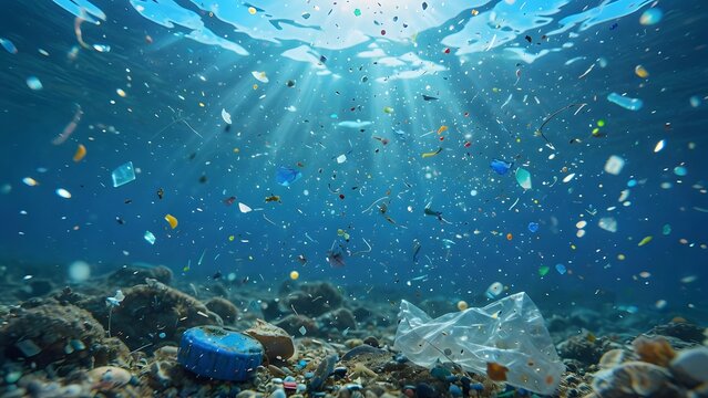 Underwater scene depicts a concerning amount of plastic pollution and microplastics floating in the blue ocean, with sunlight filtering through the water's surface onto a rocky seabed.