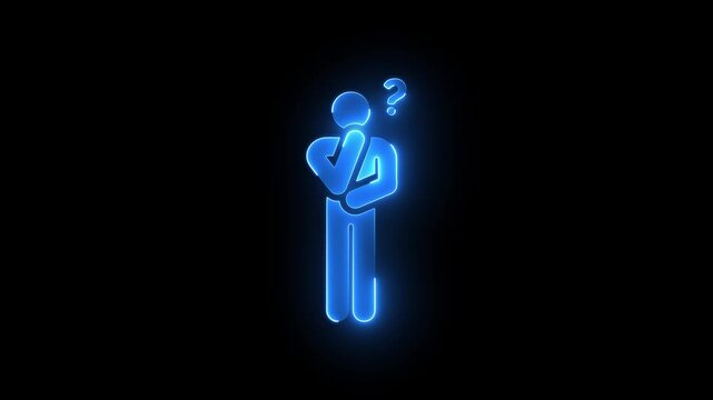 Glowing neon thinking man with question mark, conceptual problem solving and decision making animation