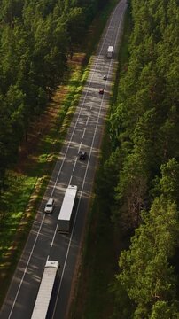Cars and trucks moving along winding highway through dense green forest from high angle
