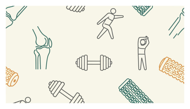 Seamless fitness pattern with dumbbells joints and exercise figures in line art style