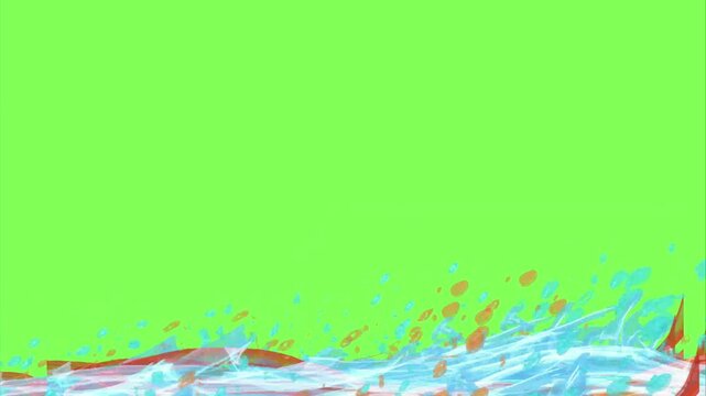 Vibrant waves crash against a vivid green backdrop. Splashes of color echo the motion of ocean surf. Water droplets glisten under bright, clear light. Dynamic movement suggests energy