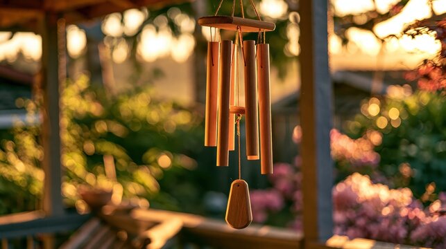 A wooden wind chime hangs on a porch, softly illuminated by warm sunlight with a blurred garden background.