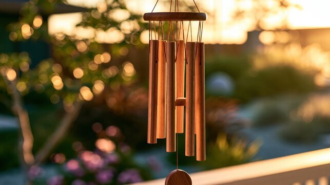 A wooden wind chime hangs outdoors with a soft, blurred garden background illuminated by warm, golden sunlight.