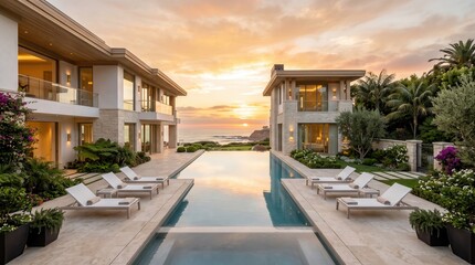 Fototapeta premium Modern coastal villa courtyard with infinity pool at sunset