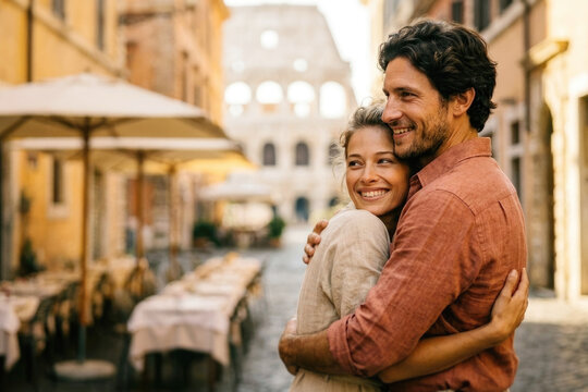 Happy young couple embracing in European street representing romantic vacation travel relationship and togetherness