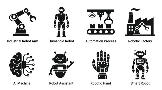 Robotics and artificial intelligence icons illustration showing robotic arms, humanoids, automation, and smart technology representing innovation and industry