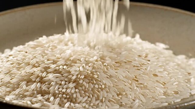 Close-up shot of uncooked white rice being poured into a neutral ceramic bowl, creating a mountain of grains