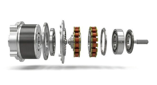Exploded view of an electric motor showing internal components and assembly on a white background.